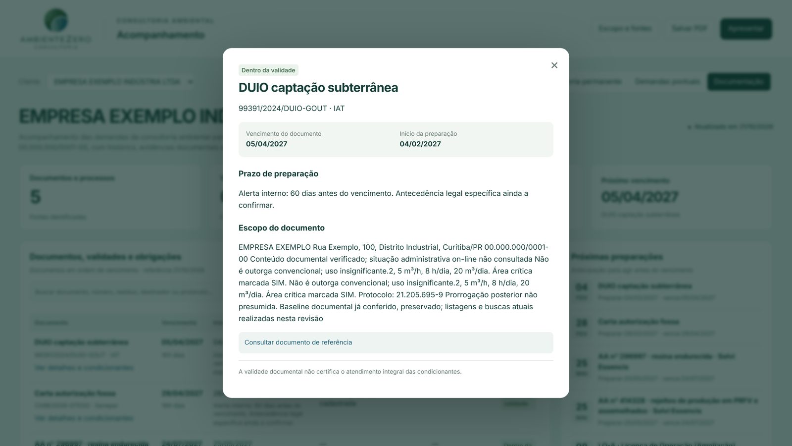 Detalhe de um documento com vencimento e prazo de preparação